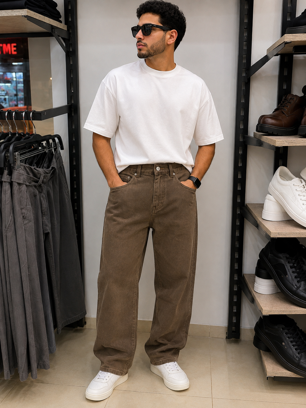 Rare brown washed jeans, casual denim with distressed details and classic five-pocket design, displayed on a plain background.