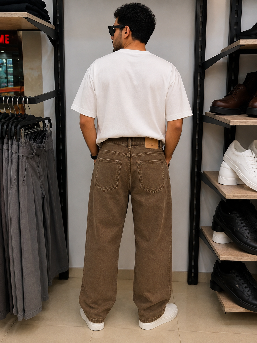 Rare brown washed jeans with a relaxed fit and faded denim finish, showcasing classic five-pocket styling and distressed details.