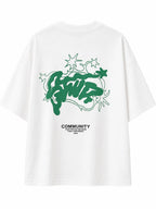 Rare green script logo white t-shirt with a simple, stylish design displayed on a plain background.
