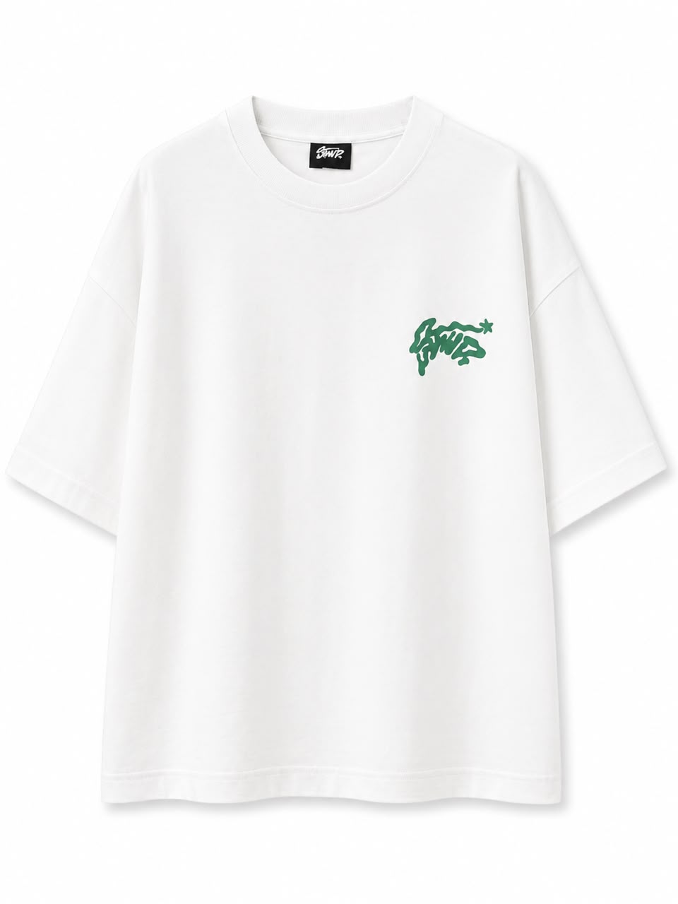Rare green script logo white T-shirt featuring a stylish design on the front, made from comfortable cotton fabric.