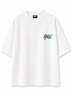 Rare green script logo white T-shirt featuring a stylish design on the front, made from comfortable cotton fabric.