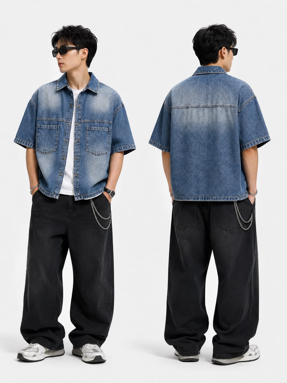 Rare Zara short-sleeve utility denim shirt in blue, featuring a button-up front and chest pockets, displayed on a hanger.