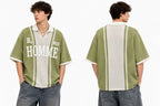 Rare HOMME B13 vintage striped knit polo shirt in olive, featuring a classic collar and textured knit fabric.