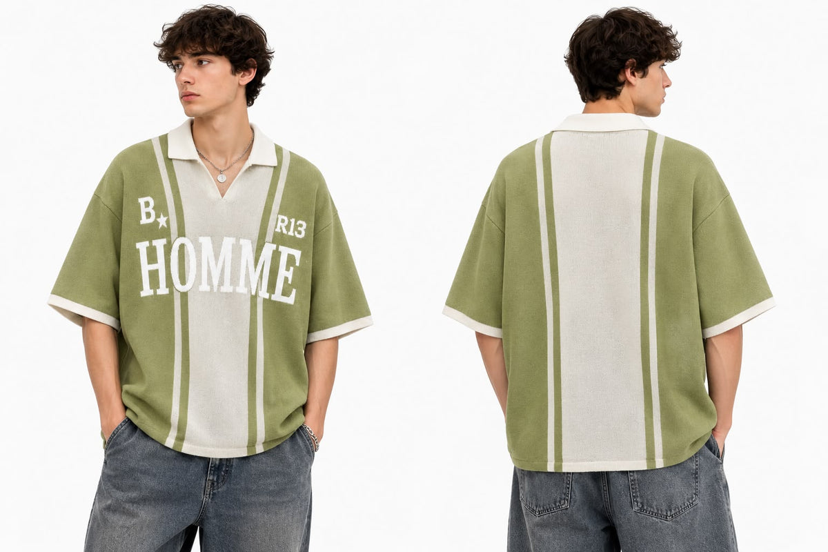 Rare HOMME B13 vintage striped knit polo shirt in olive, featuring a classic collar and textured knit fabric.