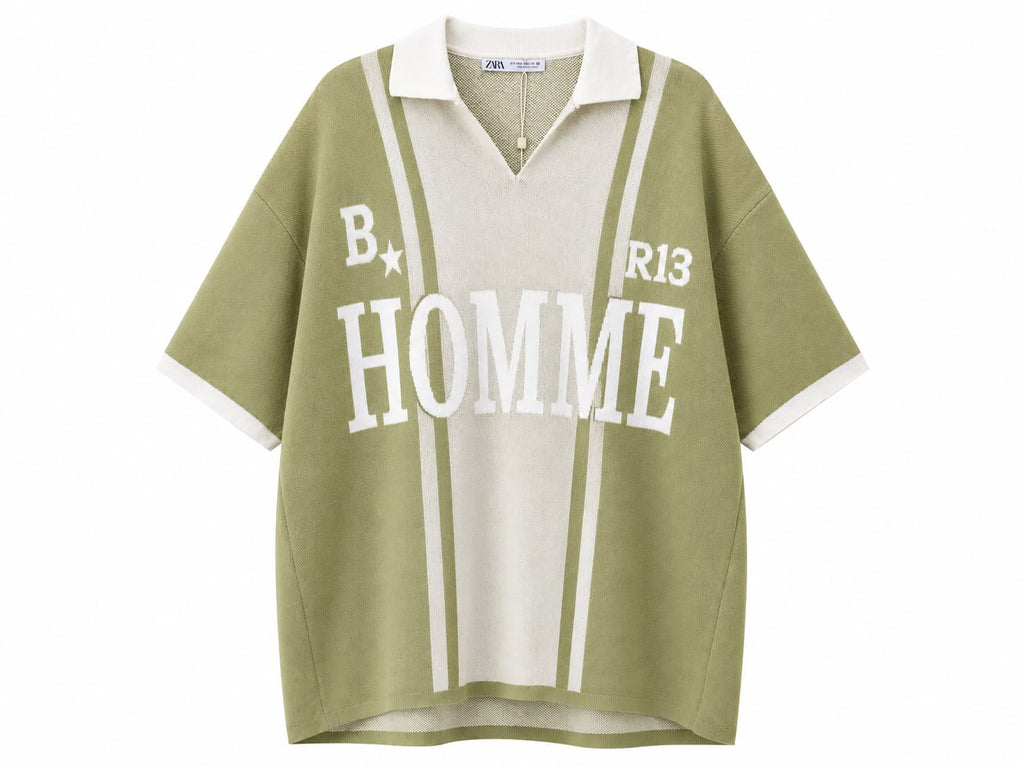 Rare HOMME B13 vintage striped knit polo shirt in olive color, featuring a classic collar and casual fit.