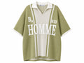 Rare HOMME B13 vintage striped knit polo shirt in olive color, featuring a classic collar and casual fit.