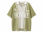 Rare HOMME B13 vintage striped knit polo shirt in olive color, featuring a classic collar and casual fit.