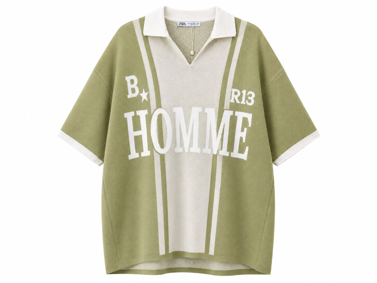 Rare HOMME B13 vintage striped knit polo shirt in olive color, featuring a classic collar and casual fit.