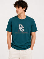 Rare D&G Monogram Graphic Crewneck T-Shirt in teal, featuring bold monogram print on soft cotton fabric.