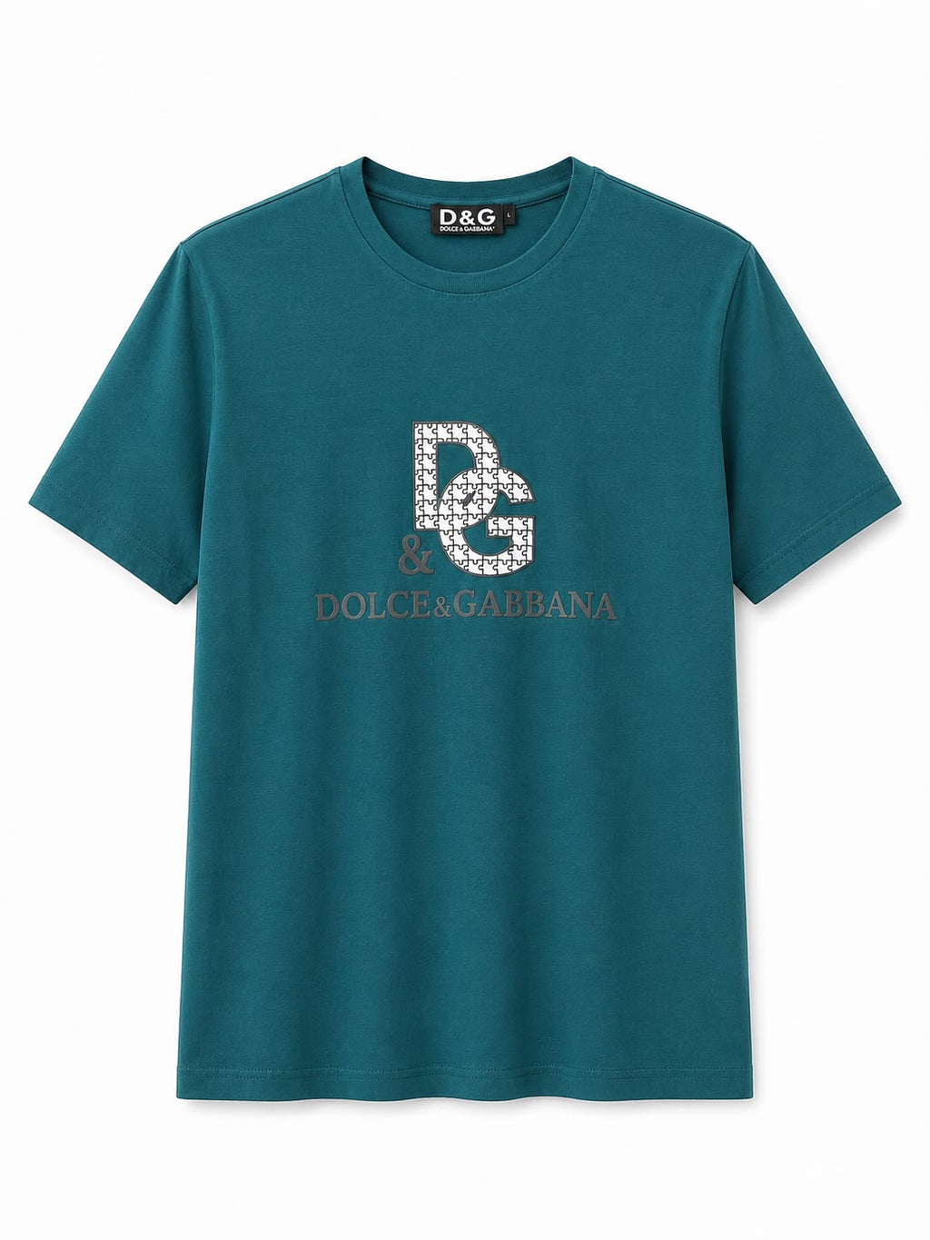 Rare D&G Monogram Graphic Crewneck T-Shirt in teal with bold logo print, casual fit, and soft cotton fabric.