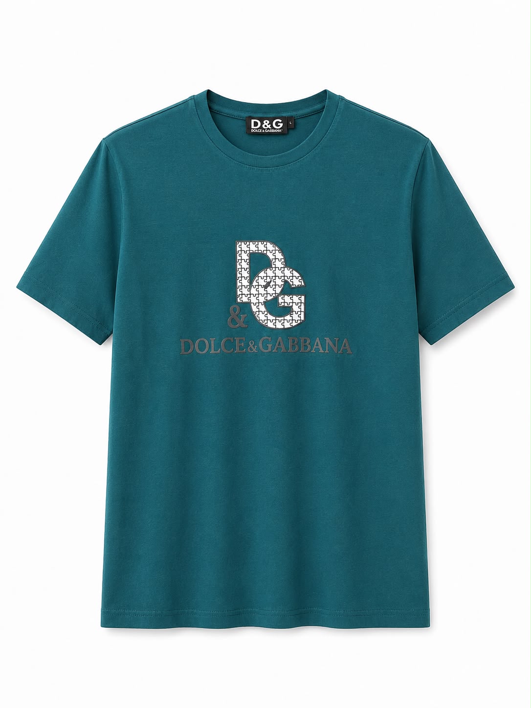 Rare D&G Monogram Graphic Crewneck T-Shirt in teal with bold logo print, casual fit, and soft cotton fabric.