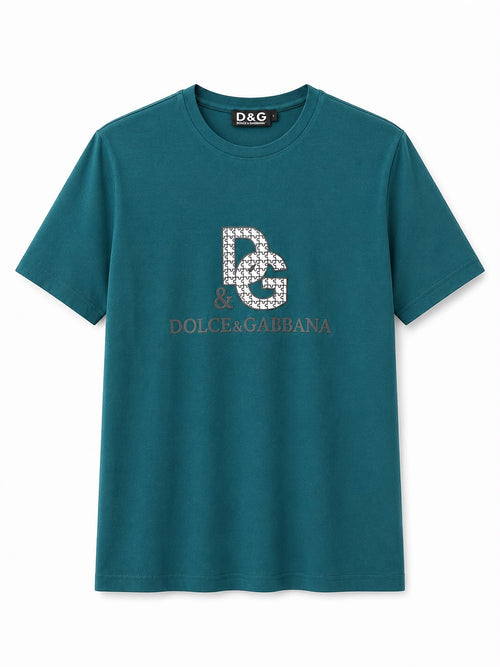 Rare D&G Monogram Graphic Crewneck T-Shirt in teal with bold logo print, casual fit, and soft cotton fabric.