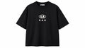Black oversized graphic tee by rare with bold design on front, relaxed fit, casual style, laid flat for display.