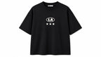 Black oversized graphic tee by rare with bold design on front, relaxed fit, casual style, laid flat for display.