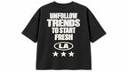 Black graphic oversized tee by rare, featuring bold design and relaxed fit, displayed flat on a plain background.