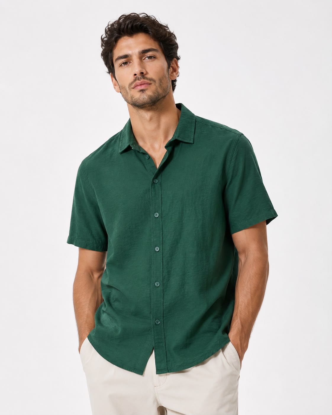 Rare short-sleeve textured button-up shirt with a classic fit, shown in a close-up photo highlighting the fabric detail.