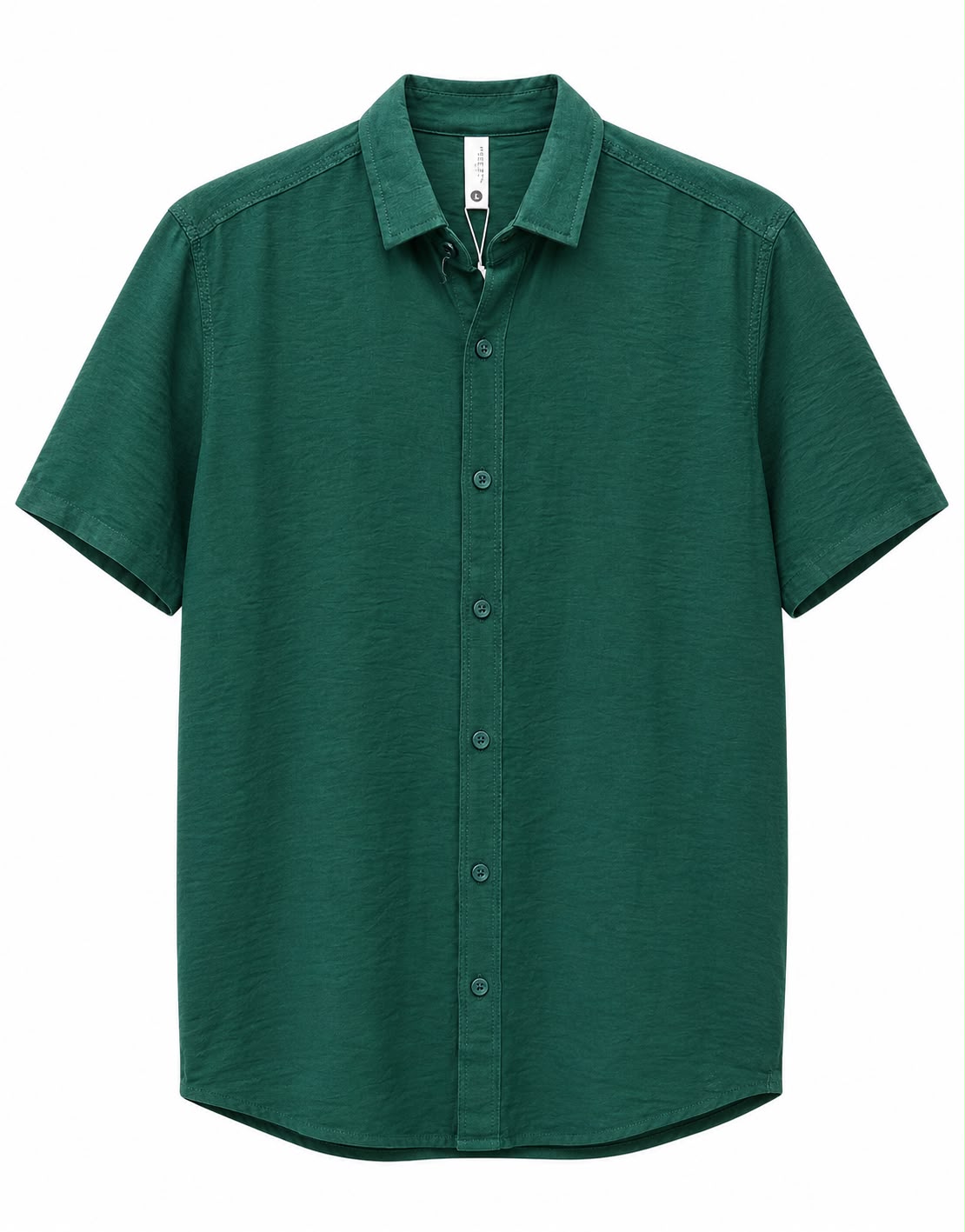 Rare short-sleeve textured button-up shirt with a classic collar and subtle pattern, displayed on a hanger.