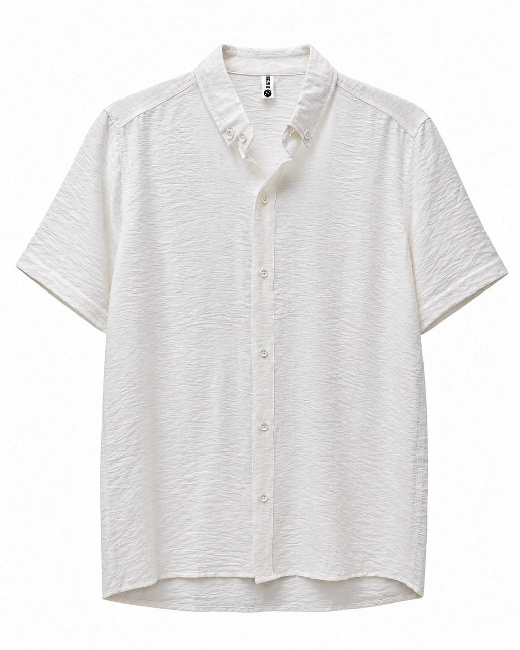 Rare short-sleeve textured button shirt displayed on a hanger, featuring a subtle pattern and classic collar detail.