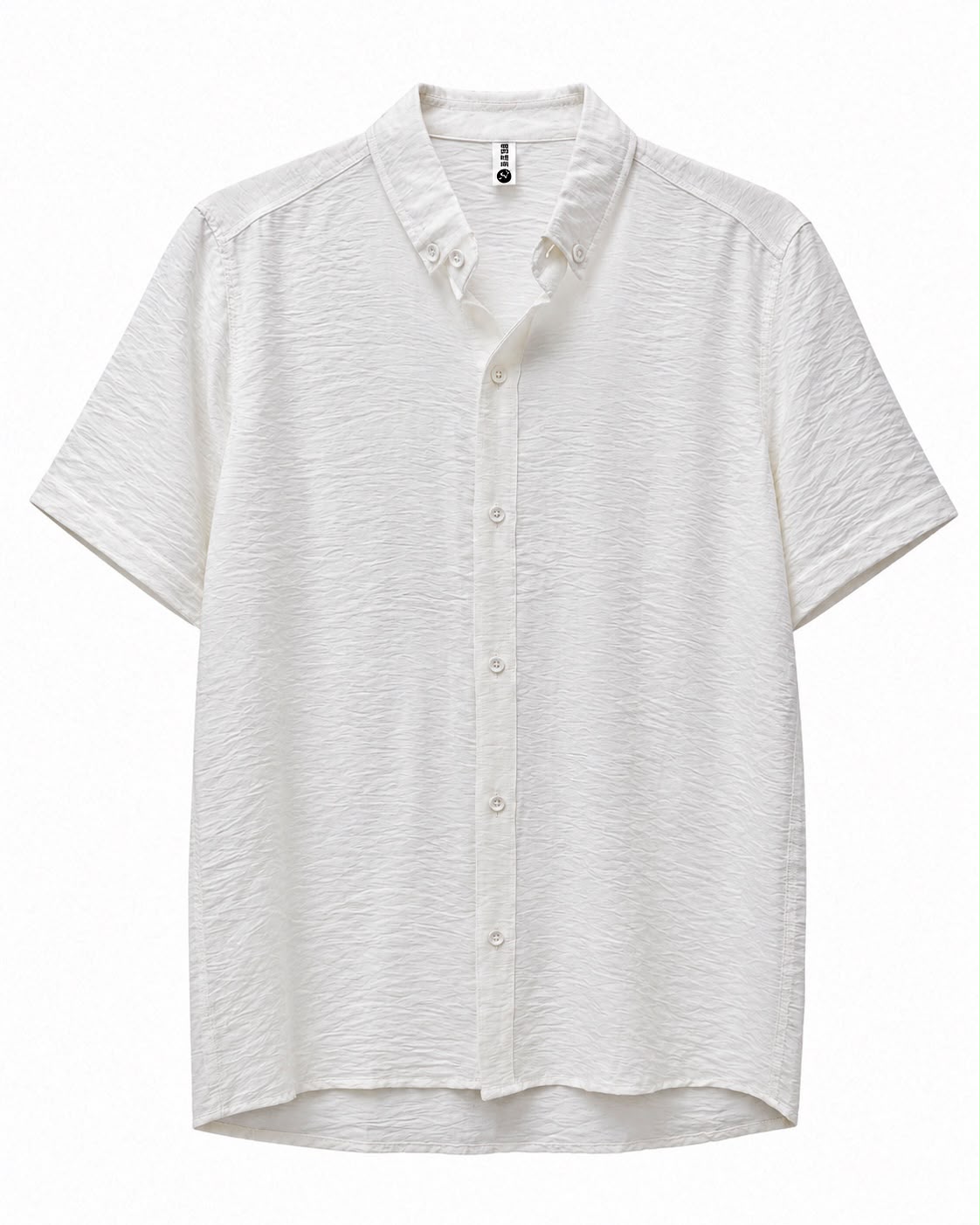 Rare short-sleeve textured button shirt displayed on a hanger, featuring a subtle pattern and classic collar detail.
