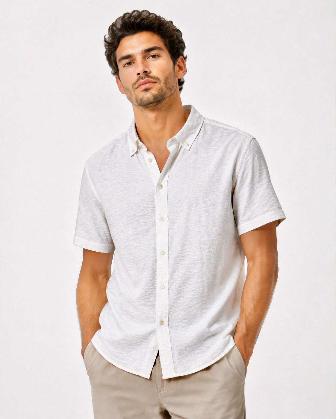 Rare short-sleeve textured button-up shirt with a classic collar and subtle fabric pattern, displayed on a hanger.
