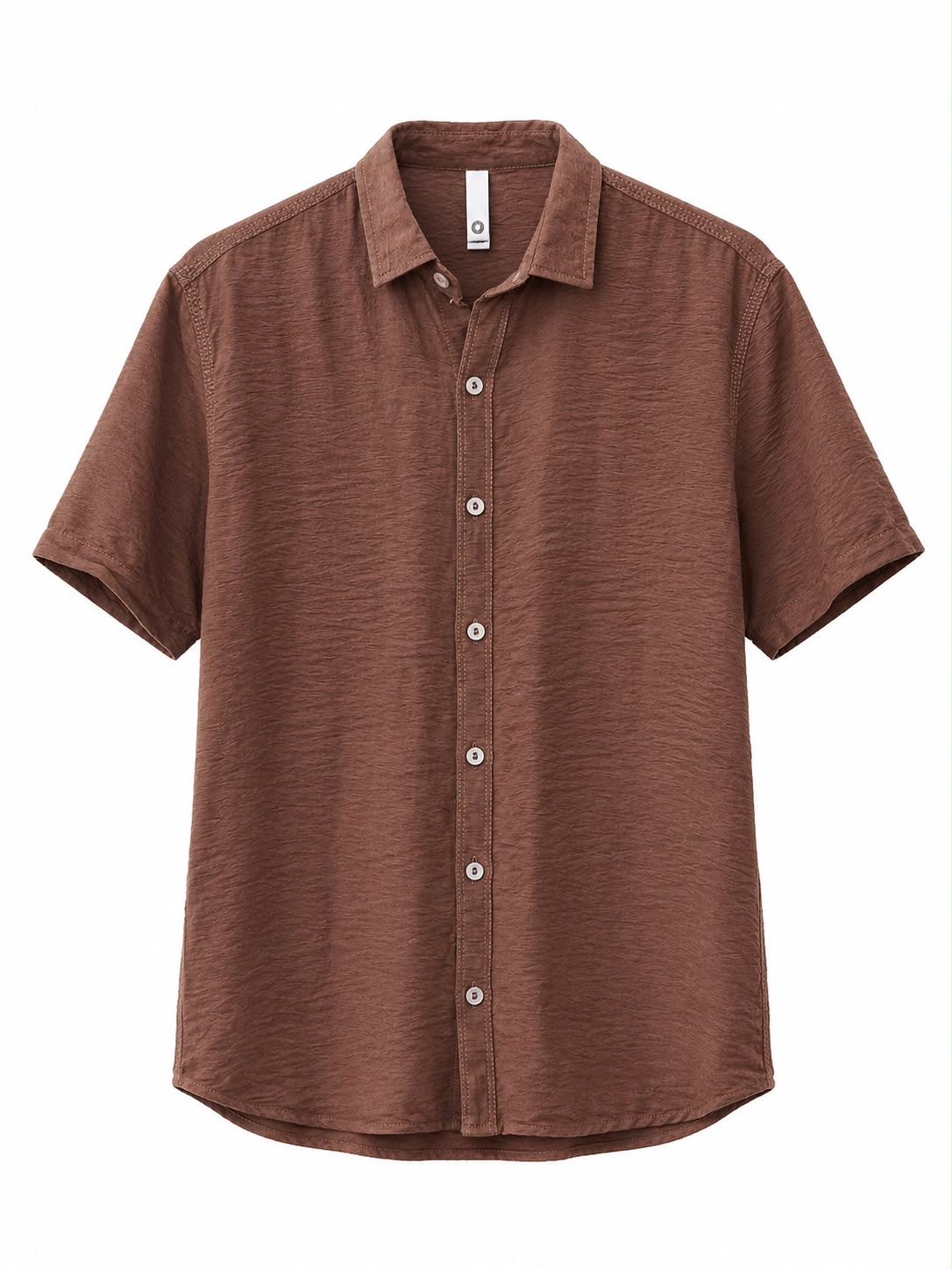 Rare short-sleeve textured button shirt with a classic collar and button-front design, displayed on a hanger.