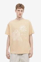 Light beige minimalist sun line art t-shirt by rare, featuring a simple sun design on soft cotton fabric.
