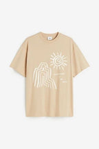 Light beige minimal sun line art t-shirt by rare, featuring simple sun design on soft cotton fabric.