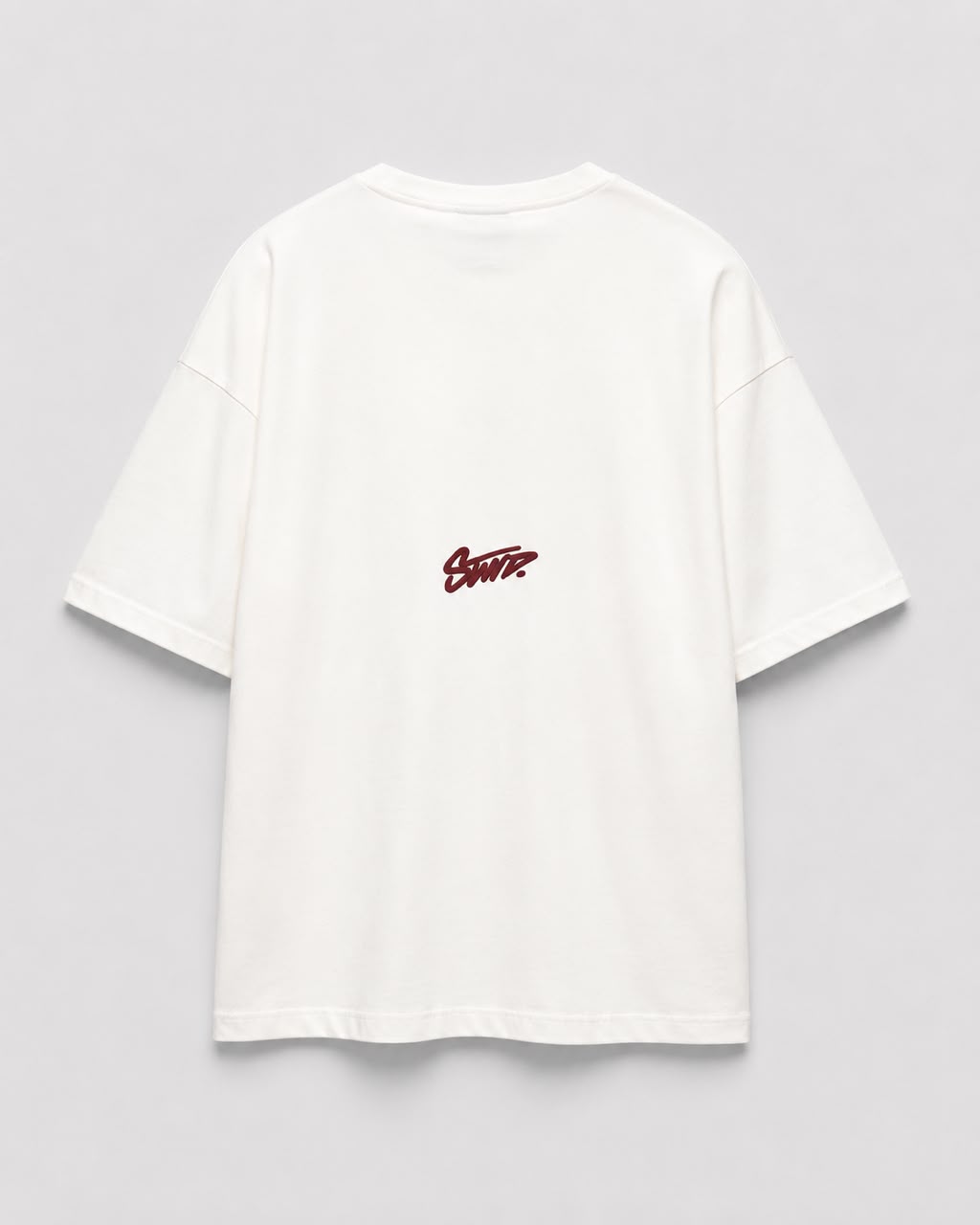Rare Off-White "STWD" embroidered oversized T-shirt featuring bold logo detail on soft fabric, casual streetwear style.