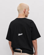 Black oversized "Sartre" embroidered T-shirt by rare, featuring bold embroidered text on soft cotton fabric.