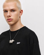 Black oversized "Sartre" embroidered T-shirt by rare, featuring a bold embroidered design on the front and a relaxed fit.