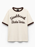 Rare Off-White Steelbrook State Univ. ringer T-shirt featuring a graphic print on white cotton fabric.