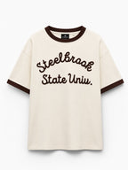 Rare Off-White Steelbrook State Univ. ringer T-shirt featuring a graphic print on white cotton fabric.