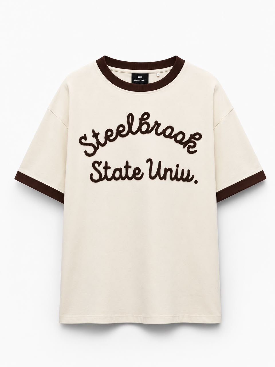Rare Off-White Steelbrook State Univ. ringer T-shirt featuring a graphic print on white cotton fabric.
