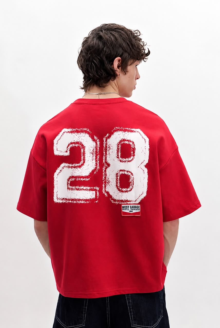 Rare red athletic graphic T-shirt with a bold "28" design, made for comfortable casual wear and active lifestyles.