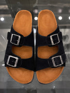 Black double-strap sandal from rare, featuring comfort-focused design with thick straps and a sturdy sole.