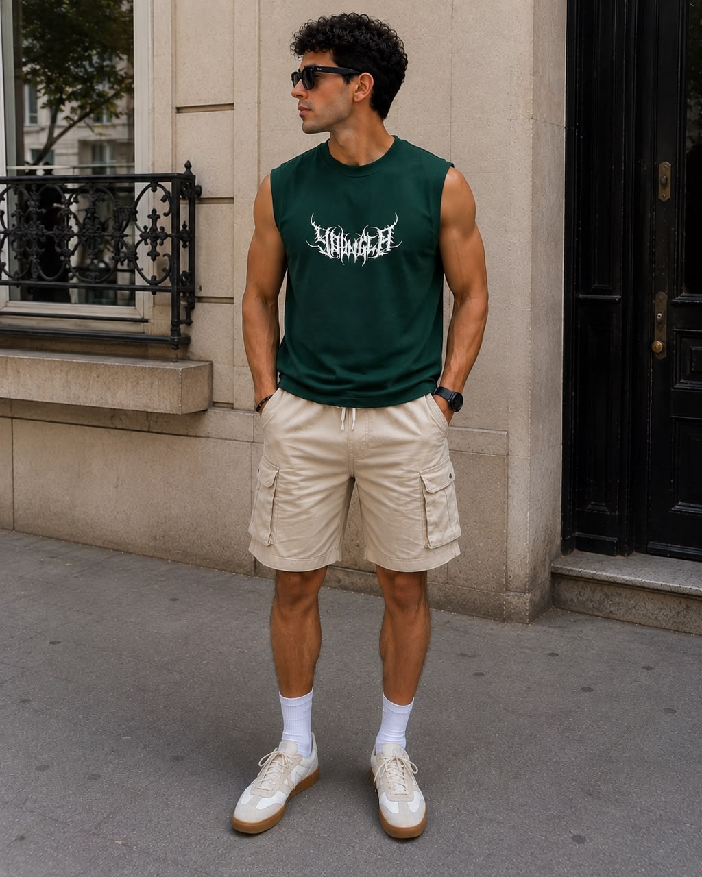 Rare sleeveless muscle tank top featuring a fitted design, showcased on a mannequin with a plain background.